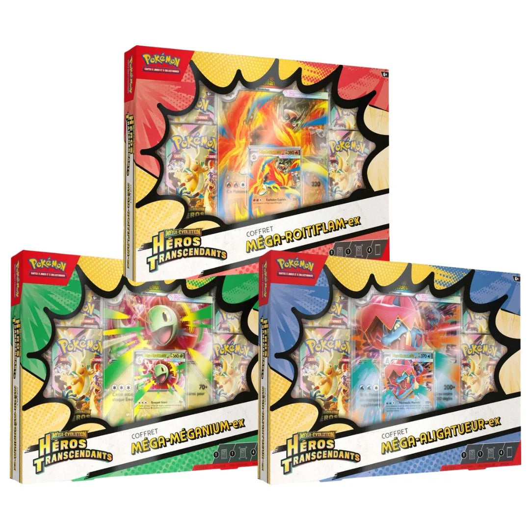Pokémon – Lot 3 Coffrets Méga EX – Héros Transcendants ME2.5 – Méga Méganium EX, Méga Roitiflame EX & Méga Aligatueur EX – FR